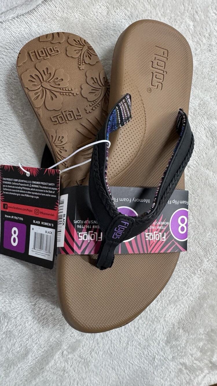 Flojos NEW Womens Flip Flops Sandals Size 8 Black Memory Foam Beach/Pool Logo